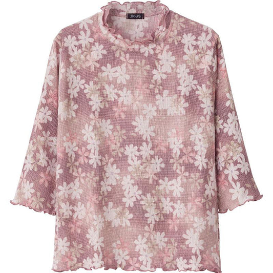 7分袖楊柳プリントＴシャツ ピンク Ｍ～Ｌ