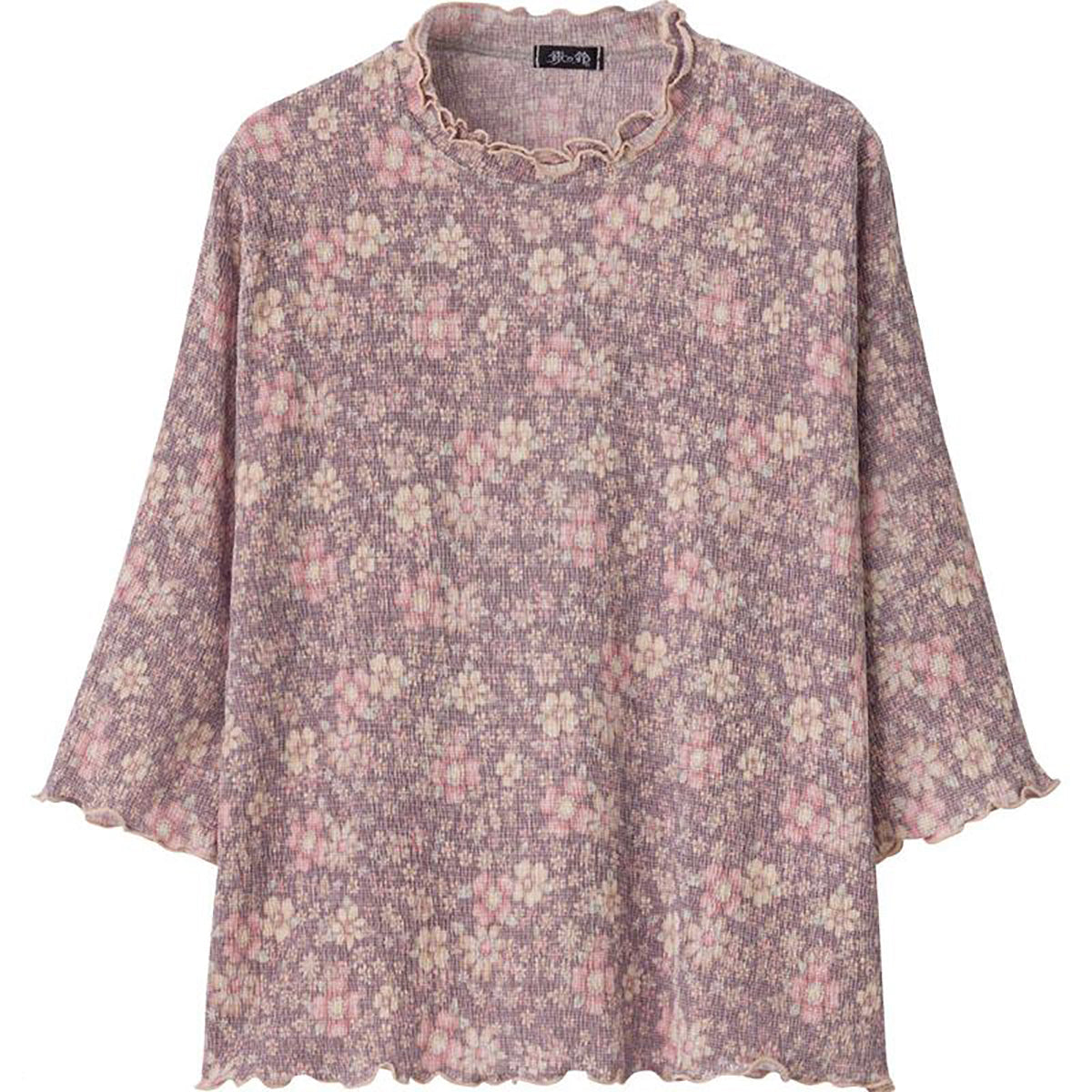 7分袖楊柳プリントＴシャツ ピンク Ｍ～Ｌ