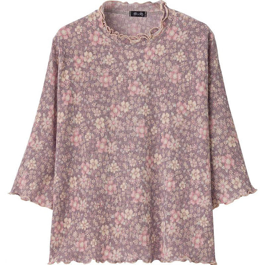 7分袖楊柳プリントＴシャツ ピンク Ｍ～Ｌ