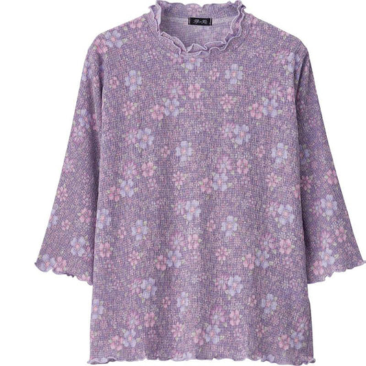 7分袖楊柳プリントＴシャツ パープル Ｍ～Ｌ