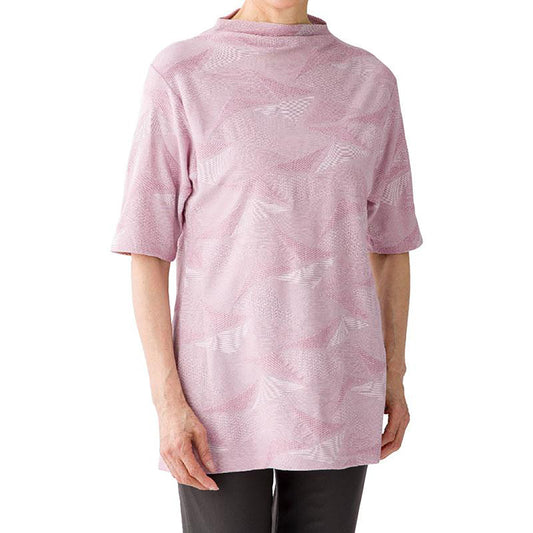 5分袖涼しや変形ジャカードチュニック ピンク M/L/LL