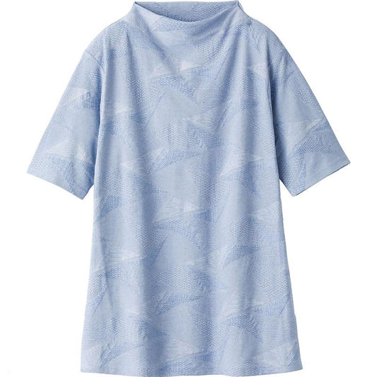 5分袖涼しや変形ジャカードチュニック ブルー M/L/LL