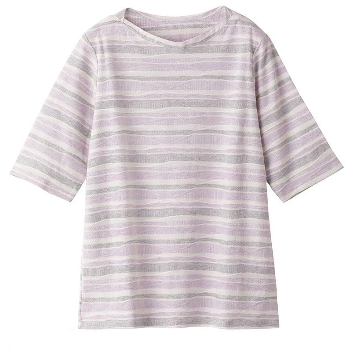 5分袖タックボーダージャカードＴシャツ ラベンダー M/L/LL