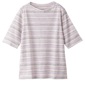 5分袖タックボーダージャカードＴシャツ ラベンダー M/L/LL