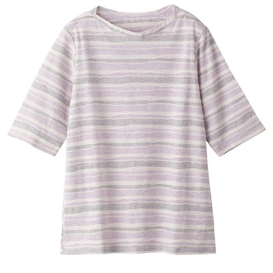 5分袖タックボーダージャカードＴシャツ ラベンダー M/L/LL