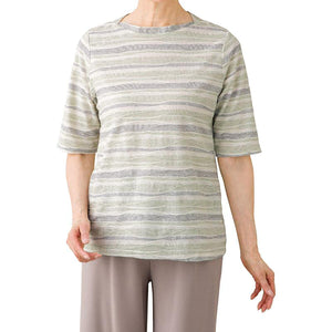 5分袖タックボーダージャカードＴシャツ グリーン M/L/LL