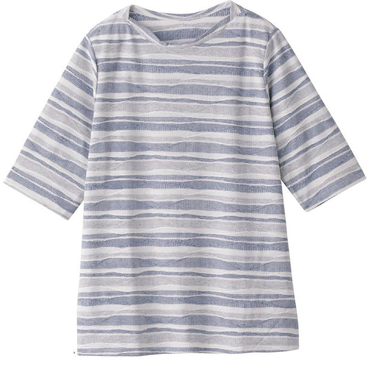 5分袖タックボーダージャカードＴシャツ ネイビー M/L/LL