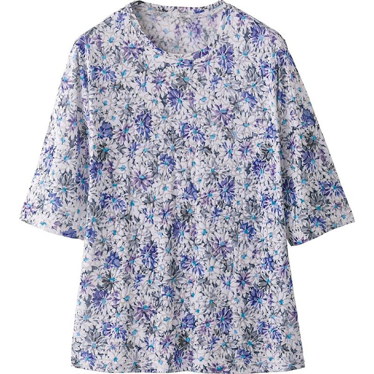 5分袖オパール花柄Ｔシャツ ブルー M/L/LL