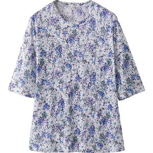 5分袖オパール花柄Ｔシャツ ブルー M/L/LL