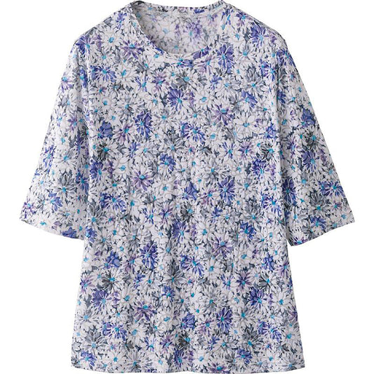 5分袖オパール花柄Ｔシャツ ブルー M/L/LL