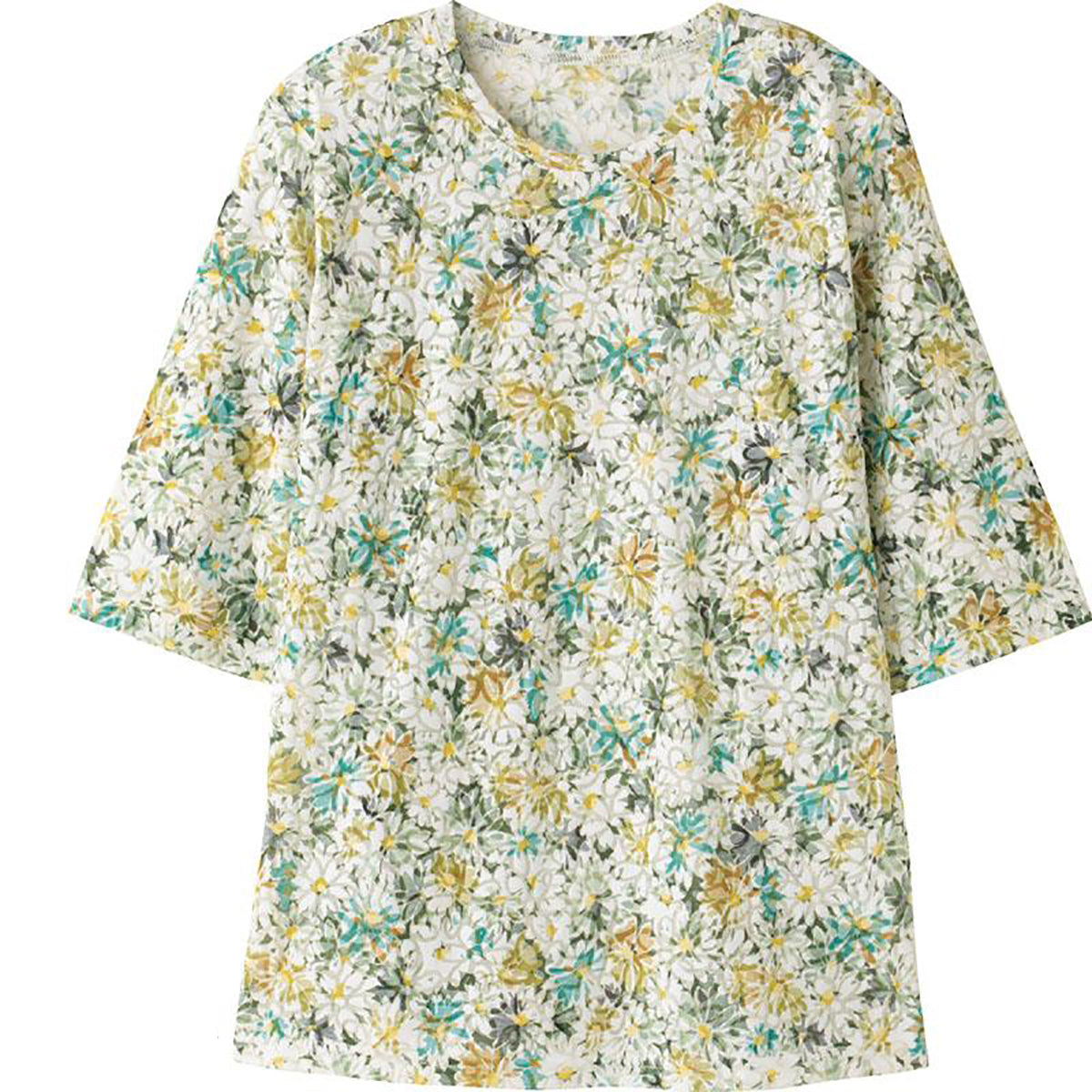 5分袖オパール花柄Ｔシャツ グリーン M/L/LL