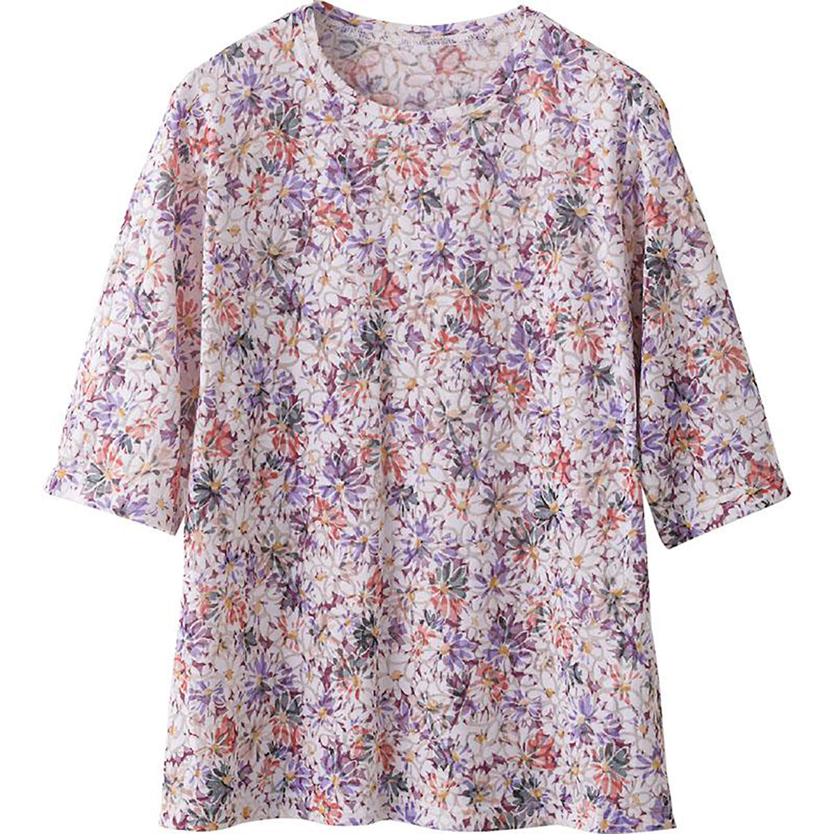 5分袖オパール花柄Ｔシャツ ワイン M/L/LL