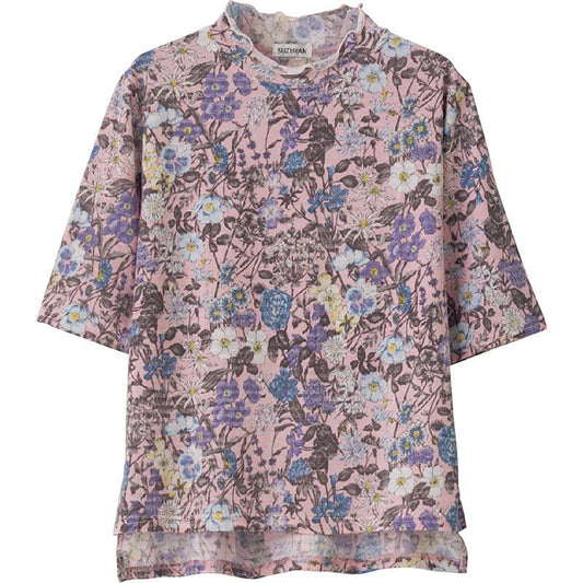 6分袖後ろ長めメロウ衿Ｔシャツ ピンク Ｍ～Ｌ