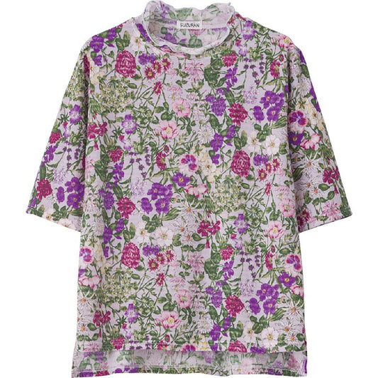 6分袖後ろ長めメロウ衿Ｔシャツ グレー Ｍ～Ｌ