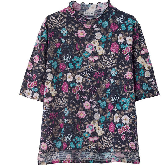 6分袖後ろ長めメロウ衿Ｔシャツ ネイビー Ｍ～Ｌ