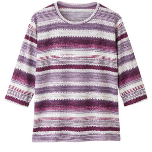 7分袖ボーダーＴシャツ パープル M～L/LL