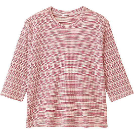 7分袖ピケボーダーＴシャツ ピンク Ｍ～Ｌ