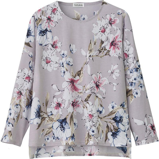 後ろ長め花柄プリントＴシャツ グレー Ｍ～Ｌ