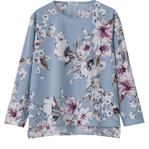後ろ長め花柄プリントＴシャツ サックス Ｍ～Ｌ