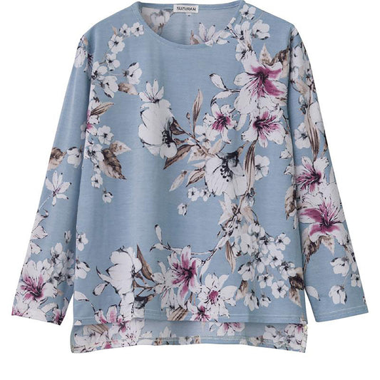 後ろ長め花柄プリントＴシャツ サックス Ｍ～Ｌ