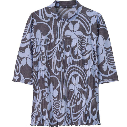 6分袖前身切替プリーツＴシャツ ブルー花 Ｍ～Ｌ