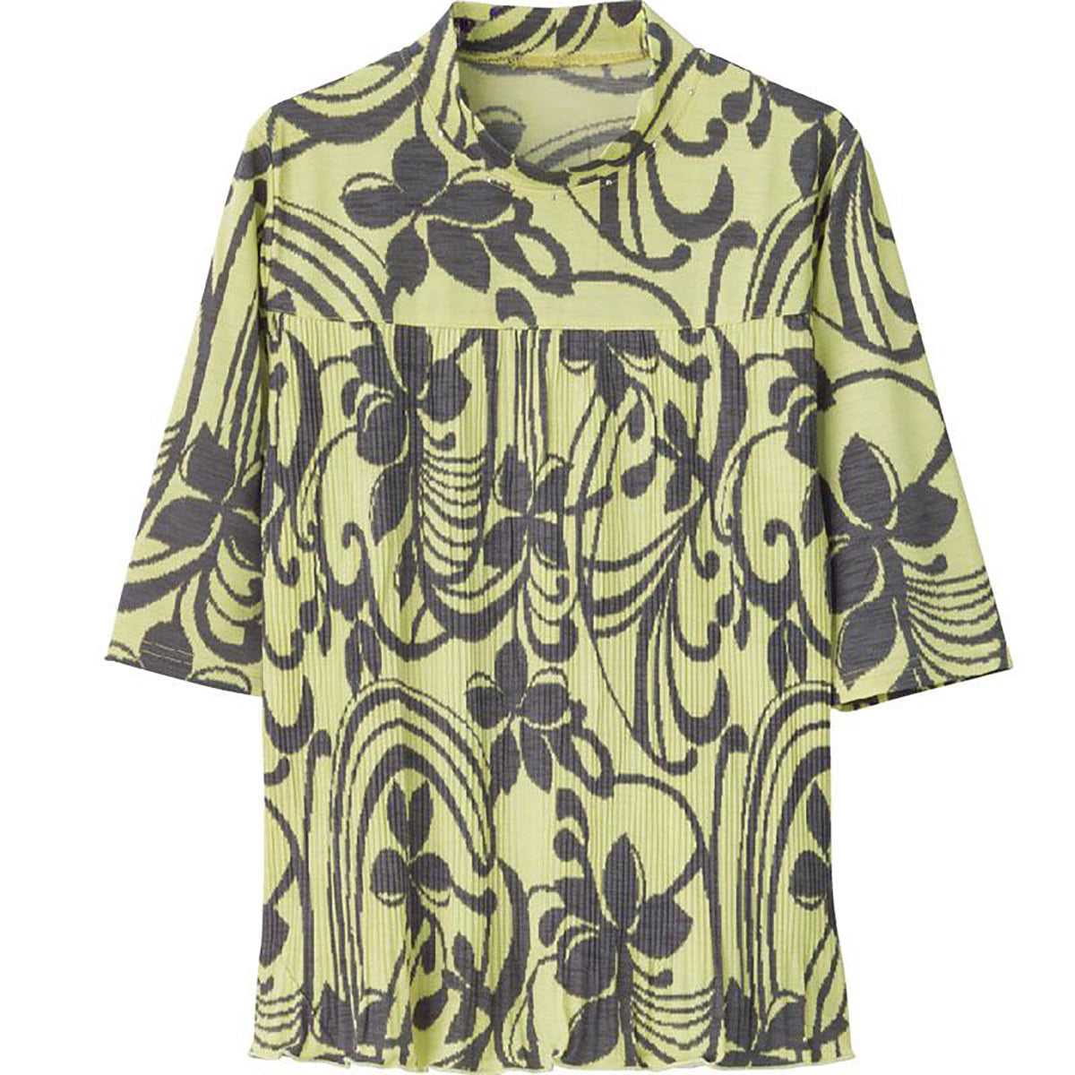 6分袖前身切替プリーツＴシャツ カラシ花 Ｍ～Ｌ