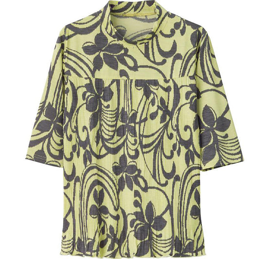 6分袖前身切替プリーツＴシャツ カラシ花 Ｍ～Ｌ