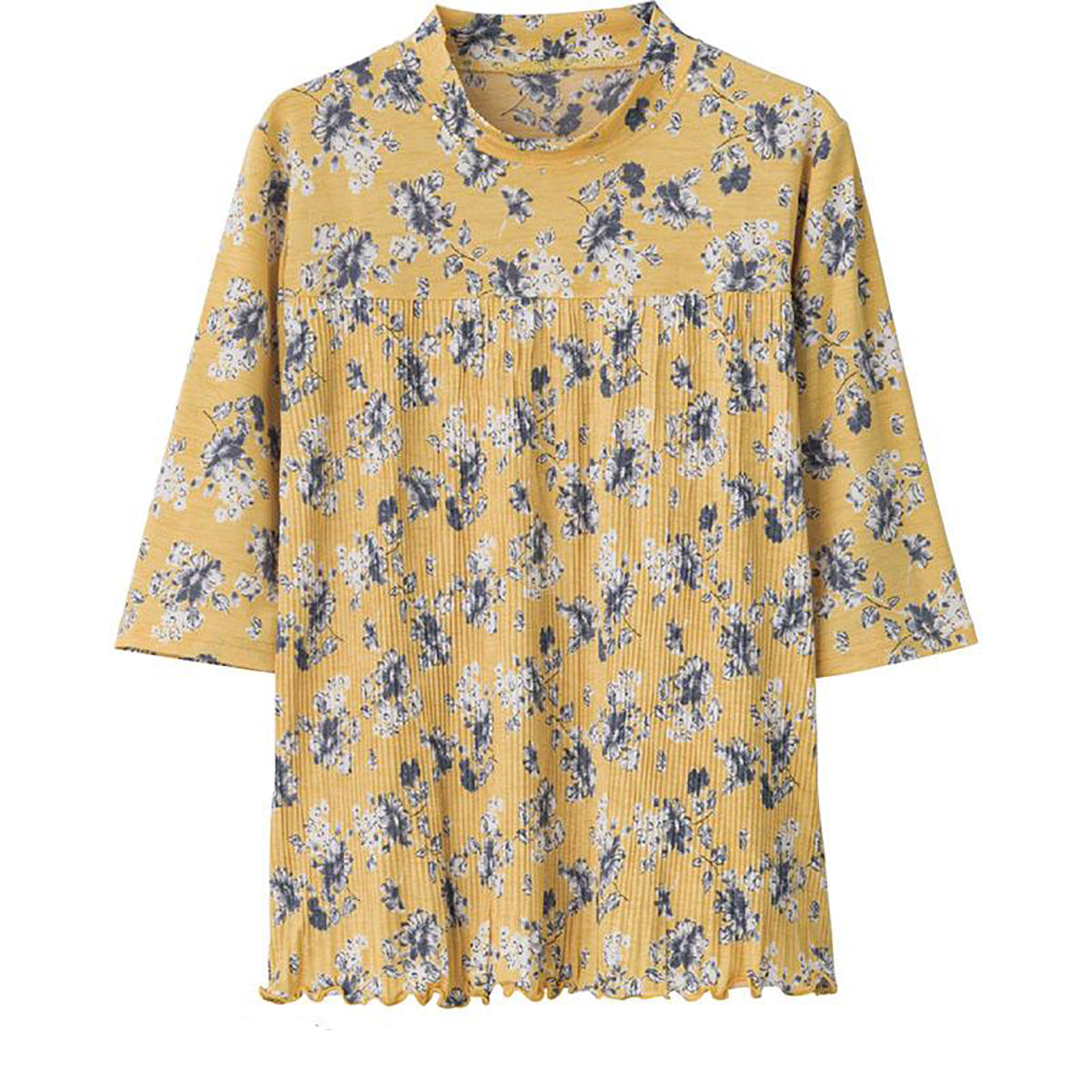 6分袖前身切替プリーツＴシャツ イエロー小花 Ｍ～Ｌ