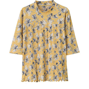 6分袖前身切替プリーツＴシャツ イエロー小花 Ｍ～Ｌ