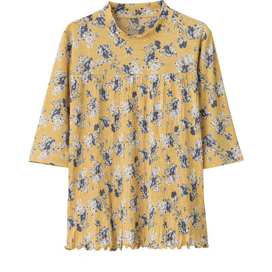 6分袖前身切替プリーツＴシャツ イエロー小花 Ｍ～Ｌ