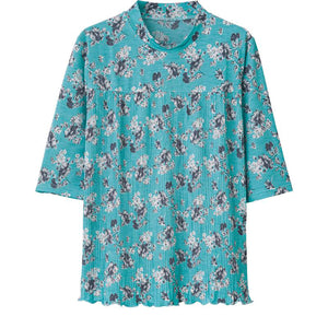 6分袖前身切替プリーツＴシャツ サックス小花 Ｍ～Ｌ