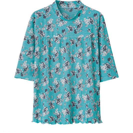 6分袖前身切替プリーツＴシャツ サックス小花 Ｍ～Ｌ