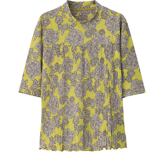 6分袖前身切替プリーツＴシャツ イエローペイズリー Ｍ～Ｌ