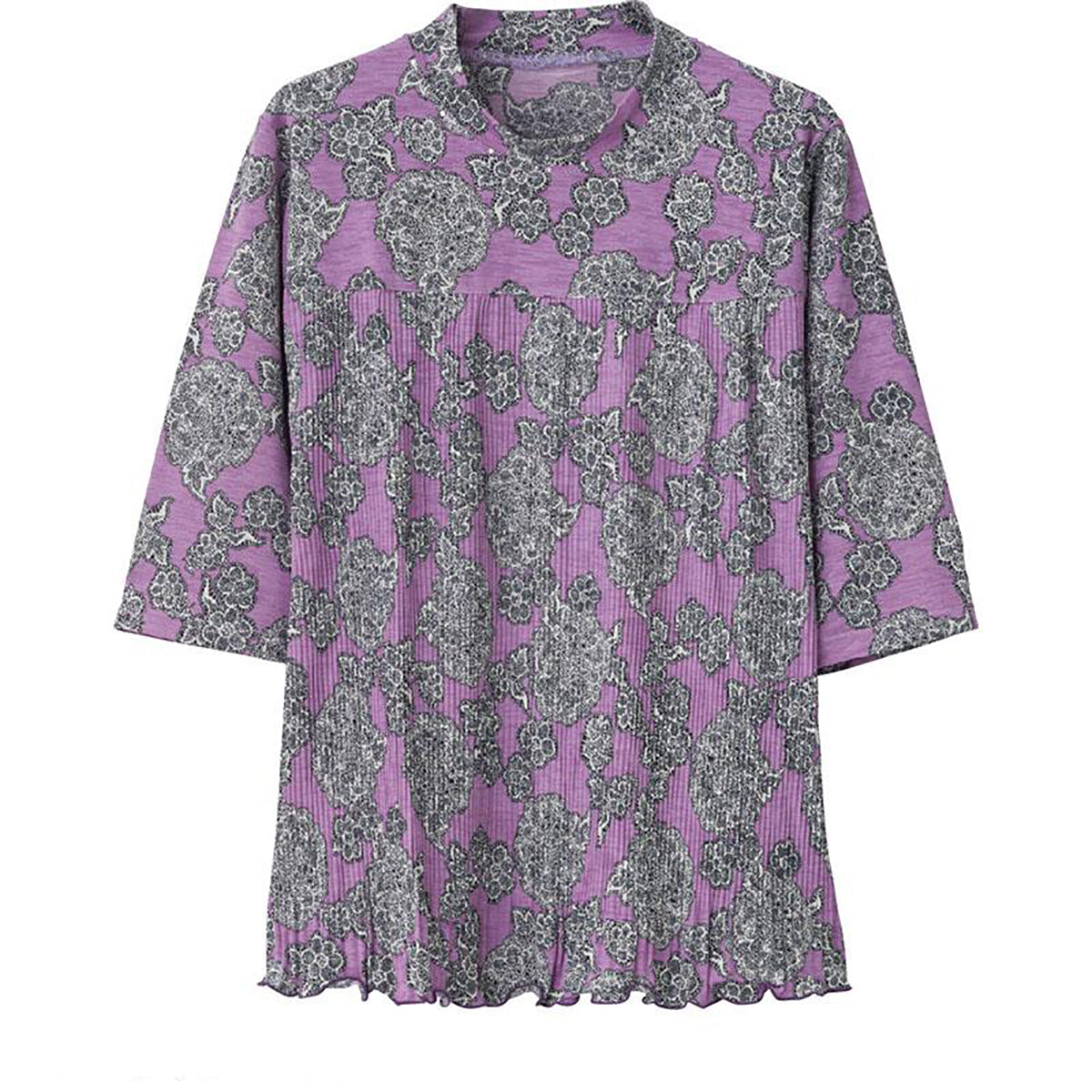 6分袖前身切替プリーツＴシャツ パープルペイズリー Ｍ～Ｌ