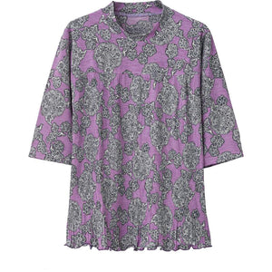 6分袖前身切替プリーツＴシャツ パープルペイズリー Ｍ～Ｌ