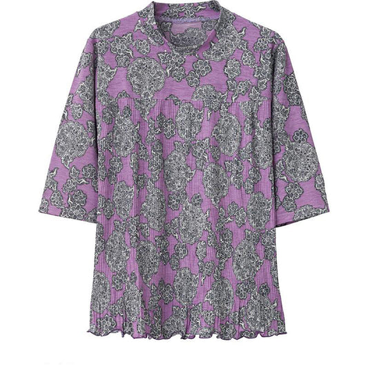 6分袖前身切替プリーツＴシャツ パープルペイズリー Ｍ～Ｌ