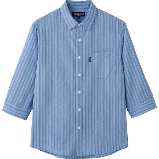 サッカースナップ釦7分袖シャツ サックス M/L/LL
