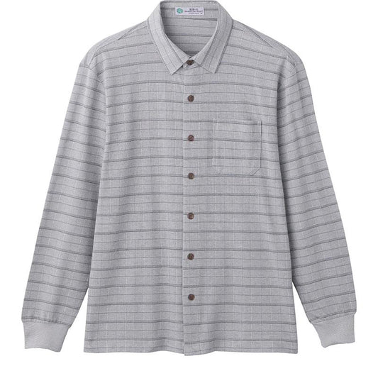 綿混斜め釦ホールニットシャツ グレー M/L