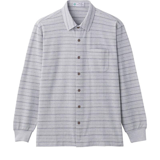 綿混斜め釦ホールニットシャツ スモークブルー M/L