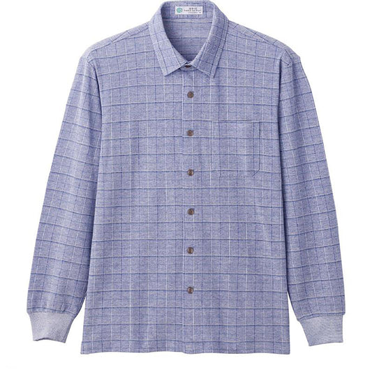 綿混斜め釦ホールニットシャツ ブルー M/L