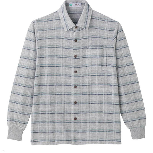 麻混斜め釦ホールニットシャツ グレー M/L