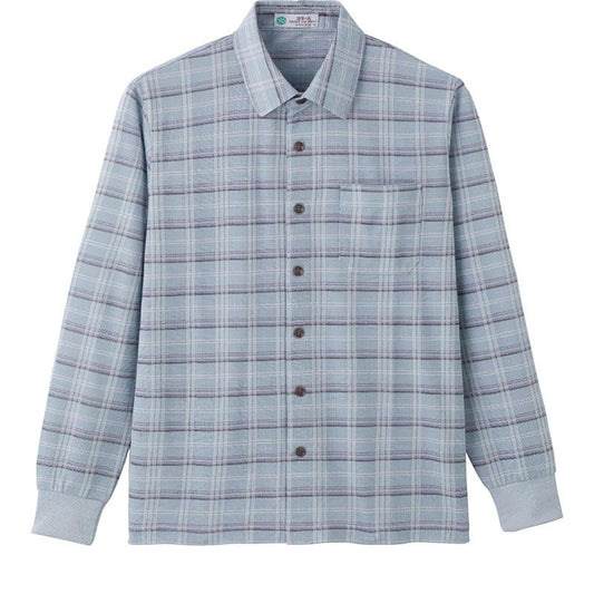 麻混斜め釦ホールニットシャツ サックス M/L