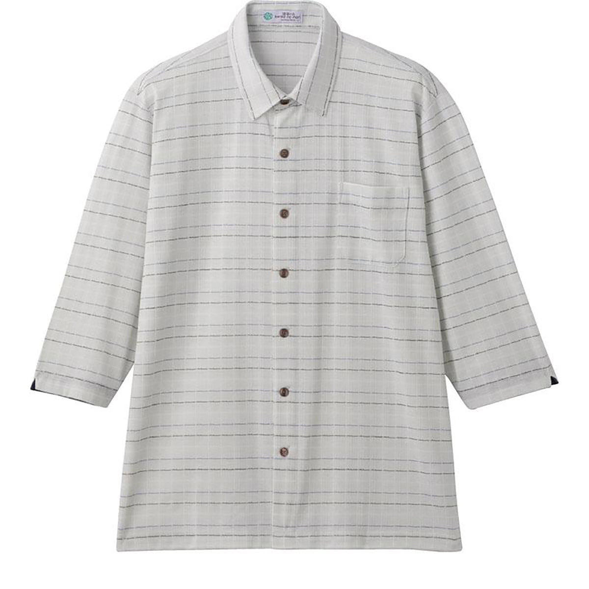 麻混斜め釦ホール7分袖ニットシャツ グレー M/L/LL