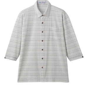 麻混斜め釦ホール7分袖ニットシャツ グレー M/L/LL