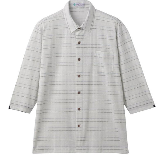 麻混斜め釦ホール7分袖ニットシャツ グレー M/L/LL