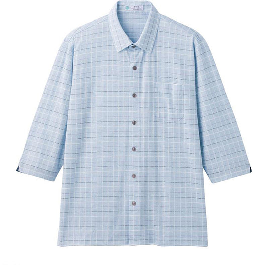 麻混斜め釦ホール7分袖ニットシャツ スモークブルー M/L/LL