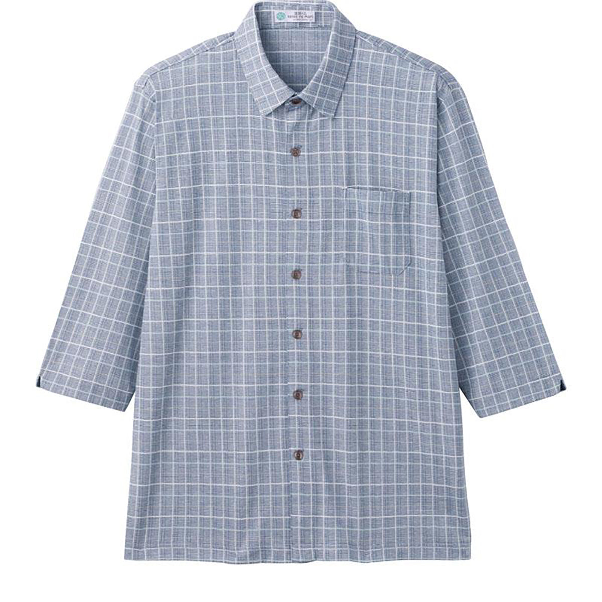 麻混斜め釦ホール7分袖ニットシャツ ネイビー M/L