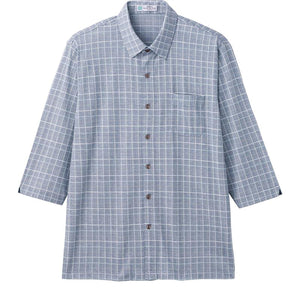 麻混斜め釦ホール7分袖ニットシャツ ネイビー M/L