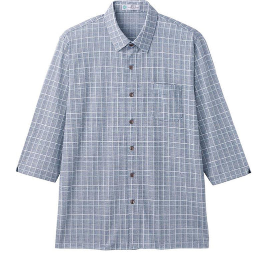 麻混斜め釦ホール7分袖ニットシャツ ネイビー M/L