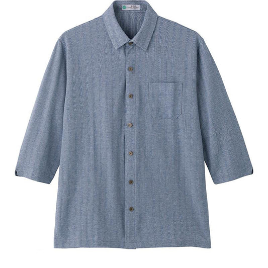 麻混ワンタッチテープ7分袖ニットシャツ ネイビー Ｍ/L/LL